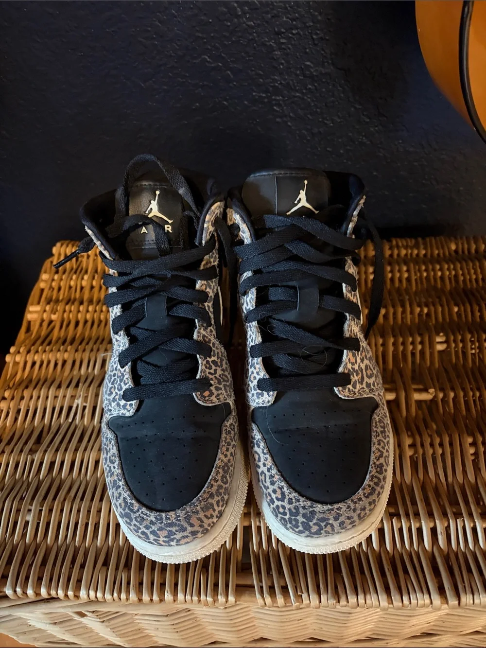 Nike Air Jordan 1 Mid Leopard Print Sneakers - Black & Tan